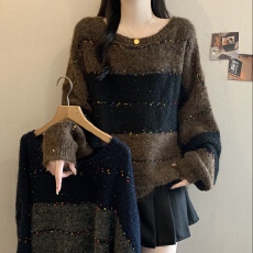 批发实拍撞色条纹<b class='q'>针织衫</b>毛衣女款慵懒风休闲大码宽松显瘦巨好看毛衣女