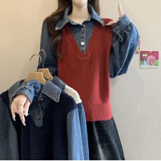 批发<b class='q'>实拍</b>日系翻领针织衫2025早秋新款炸街时尚牛仔衬衫马甲假两件套装