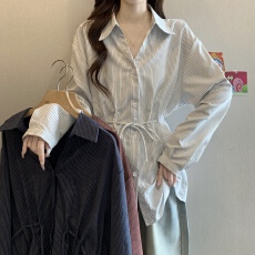 批发<b class='q'>大码</b><b class='q'>女装</b>胖mm秋新款2025法式独特翻领条纹系带收腰遮肚长袖衬衫女