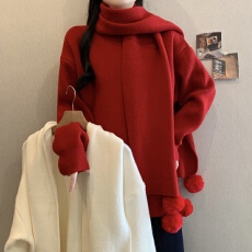 批发2025秋冬新款新年圣诞款红色毛衣女中长款圆领送围巾宽松显瘦上衣