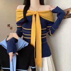 批发2025秋冬新款<b class='q'>女装</b>韩系绝美巨好看氛围感撞色条纹一字肩针织上衣女