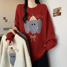 批发韩系卡通小象提花针织衫女秋冬<b class='q'>大码</b>胖mm宽松慵懒风减龄中长款毛衣