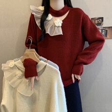 批发高级感挂脖红色立体花朵毛衣女2025秋<b class='q'>冬</b>新款大码胖mm洋气减龄上衣
