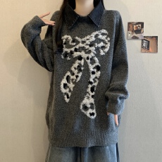 批发牛仔拼接蝴蝶结长袖毛衣2025秋冬大码<b class='q'>女装</b>胖mm宽松中长款别致上衣