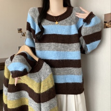 批发巨好看时尚撞色条纹针织衫女秋<b class='q'>冬</b>大码新款慵懒风宽松百搭洋气毛衣