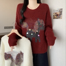 批发慵懒风卡通小马刺绣针织衫女秋冬大码胖妹妹百搭减龄气质显瘦毛衣