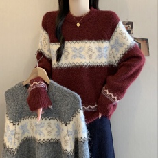 批发费尔岛圆领提花毛衣女2025冬季新款大码修身显瘦百搭巨好看上衣