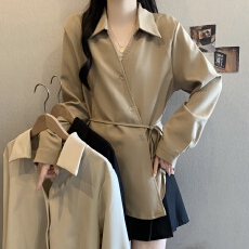 批发高级设计感V领长袖打底衬衫女春秋<b class='q'>大码</b>胖mm显瘦系带收腰遮肚上衣