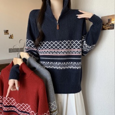 批发拉链条纹设计感套头毛衣大码女2025冬季新款半高领内搭针织羊毛衫