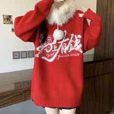 批发2026新款慵懒风红色字母毛衣女秋冬本命年中长款圆领马年针织上衣