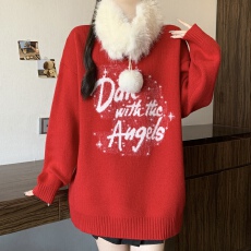 批发2026冬新款红色星闪字母厚款大码女装宽松假两件毛领套头毛衣女
