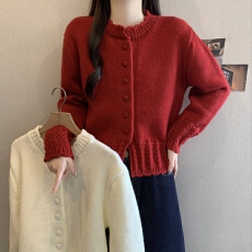 批发洋气减龄纯色钩花针织开衫女秋冬新款款宽松韩系温柔百搭毛衣外套