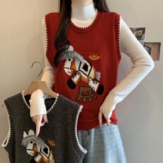 批发可爱小马提花圆领无袖针织<b class='q'>马甲</b>女红色背心毛衣坎肩洋气<b class='q'>马夹</b>毛衣女