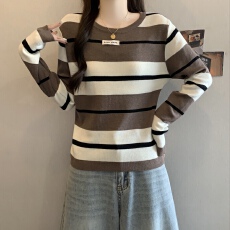 批发港味风格撞色条纹长袖针织T恤衫女春<b class='q'>秋</b>新款修身百搭打底小衫上衣