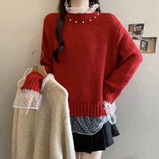 批发韩系温柔蕾丝花边拼接钉珠针织衫女2026春秋百搭毛衣荷叶边上衣潮