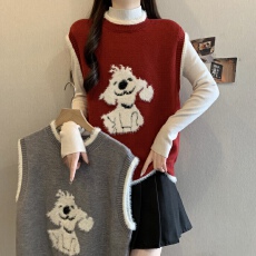批发红色新年穿搭毛边小狗提花针织马甲女2026春季慵懒风宽松坎肩上衣