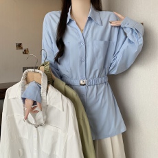 批发法式高级衬衫设计感纯棉衬衣女春<b class='q'>秋</b>大码胖MM中长款收腰绑带上衣