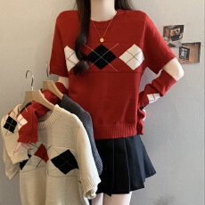 批发新年跨年穿搭可拆袖套半袖红色毛衣女<b class='q'>秋</b>冬微胖大码针织衫百搭上衣
