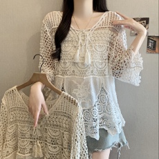 批发波西米亚风钩花蕾丝<b class='q'>镂空</b><b class='q'>针织</b>上衣女夏季大码七分袖防晒衫外搭<b class='q'>罩衫</b>