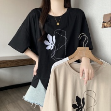 批发法式设计感立体绣花圆领短袖T恤女大码女装胖mm夏季显瘦百搭上衣