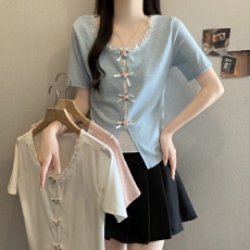 批发大码女装纯欲假两件蝴蝶结短袖t恤女夏季显瘦设计感正肩百搭上衣