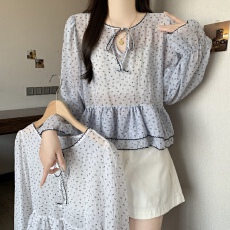 批发法式碎花蝴蝶结喇叭长袖衬衫女<b class='q'>上衣</b>设计感小众独特超好看漂亮小衫