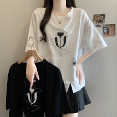 批发设计感小众圆领短袖t恤女宽松纯棉上衣2026新款遮肚子显瘦打底衫