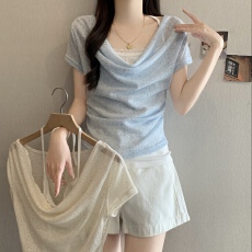 批发大码法式两件套短袖<b class='q'>T</b><b class='q'>恤</b><b class='q'>女</b>装春夏季设计感露肩上衣胖MM显瘦甜美<b class='q'>T</b><b class='q'>恤</b>