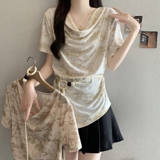 批发韩系温柔风荡领短袖衫<b class='q'>女</b>修身气质2026大码胖MM遮肚显瘦打底衫上衣