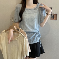 批发不规则系带浅蓝短袖T恤女2026夏季大码胖mm宽松遮肚子超好看上衣