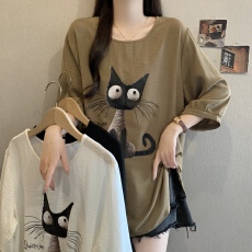 批发2026夏款欧洲站圆领短袖卡通图案胖mm洋气百搭休闲女士套头T恤衫