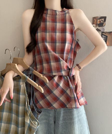 레트로 빨간색 체크무늬 라운드 넥 민소매 여성 셔츠 스트랩 허리 수축 빅 사이즈 조끼 여름 한국 스타일 외국 가스 작은 셔츠 맨위