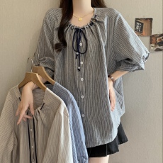 批发大码复古系带圆领衬衫女<b class='q'>夏</b>季休闲百搭新款皱褶条纹松弛感衬衣上衣