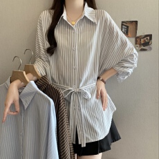 批发韩系条纹衬衫女<b class='q'>夏</b>季新款设计感系带收腰显瘦宽松百搭通勤气质上衣