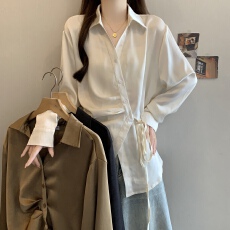 批发交叉翻领长袖缎面打底衬衫女<b class='q'>春</b>秋大码胖mm显瘦高级感系带收腰上衣