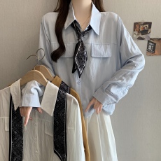 批发法式蓝色衬衫女高级感轻奢减龄洋气2026早<b class='q'>秋</b>新款丝巾上衣气质小衫