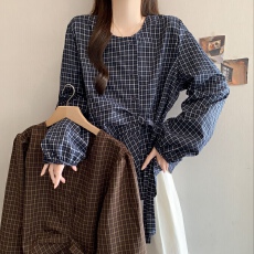 批发欧货高级感格子系带衬衫女2026<b class='q'>秋</b>季新款宽松休闲百搭长袖小众衬衣