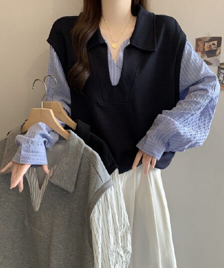 빅 사이즈 POLO 칼라 페이크 레이어드 긴팔 셔츠 가을 새로운 지방 mm 한국 스타일 후드티 슬림해 보이는 표지 고기 작은 셔츠 맨위
