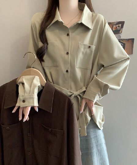 오래된 돈 바람 품격 POLO 칼라 긴팔 여성 셔츠 가을 새로운 루즈핏 허리 수축 레이스업 셔츠 중간 길이 맨위