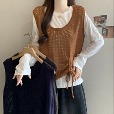 批发欧货早秋新款洋气叠穿抽绳长袖上衣<b class='q'>女</b>宽松休闲镂空背心+t恤两件套
