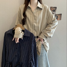批发高级感条纹polo领长袖衬衫2026<b class='q'>秋</b>季大码女装胖mm收腰今年流行上衣