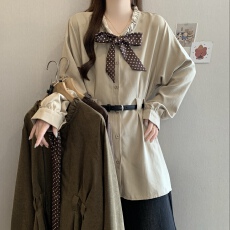 批发法式丝巾蝴蝶结长袖衬衫女<b class='q'>秋</b>季大码胖mm显瘦中长款收腰遮肚子上衣