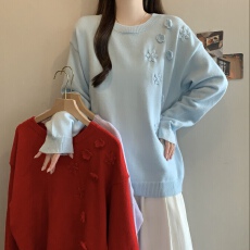批发温柔休闲风立体花朵女士2026<b class='q'>春</b>秋圆领套头宽松长袖针织衫百搭毛衣