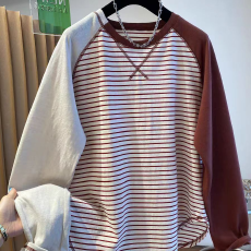 批发索罗<b class='q'>纳</b>220克天猫抖音质量！韩系高级感条纹t恤女长袖宽松圆领上衣