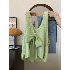 批发原版做法天猫抖音质量~绿色蝴蝶结V领吊带背心女韩系重工马甲毛衣