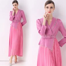 批发实拍新款气质修身钉珠西装裙女显瘦长款百褶<b class='q'>连衣裙</b>V领送腰带