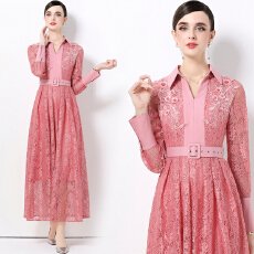 批发实拍法式轻奢高级感POLO领长袖修身蕾丝大摆连衣裙送腰带