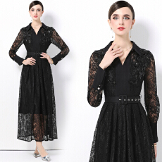 批发实拍法式轻奢高级感POLO领长袖修身蕾丝大摆连衣裙送腰带