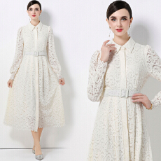 批发实拍新款气质优雅POLO领镂空蕾丝连衣裙女收腰显瘦中长裙送腰带