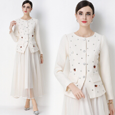 批发实拍小香风优雅气质镶钻圆领<b class='q'>西装外套</b>网纱半身裙套装裙